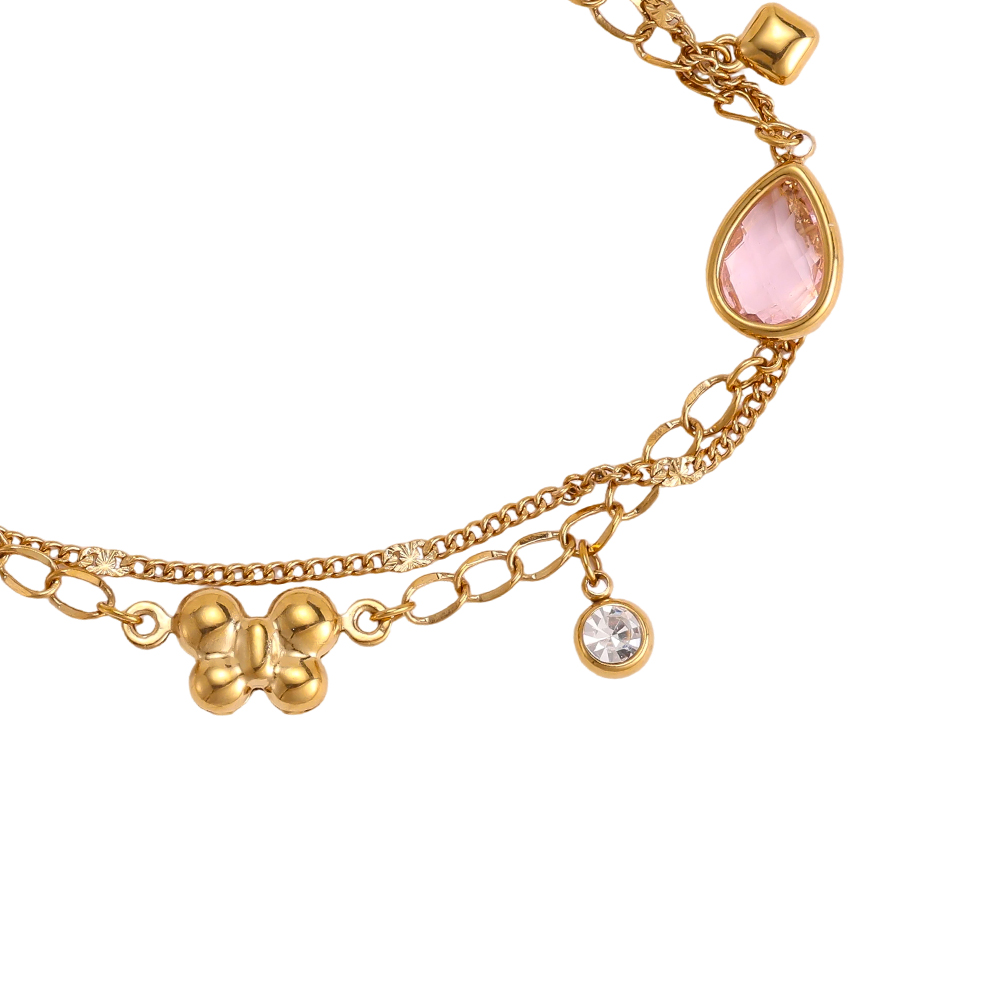 Edelstahl Armband 17cm rosa Glas und goldener Schmetterling