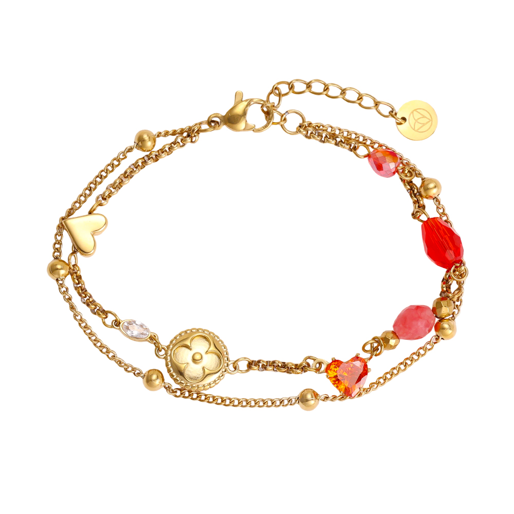 Edelstahl Armband 17cm Herz und rote Kristallperlen