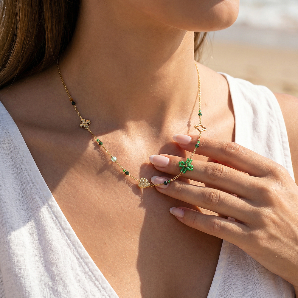 40cm Blumen Herz und grüne Perlen Edelstahl Halskette  