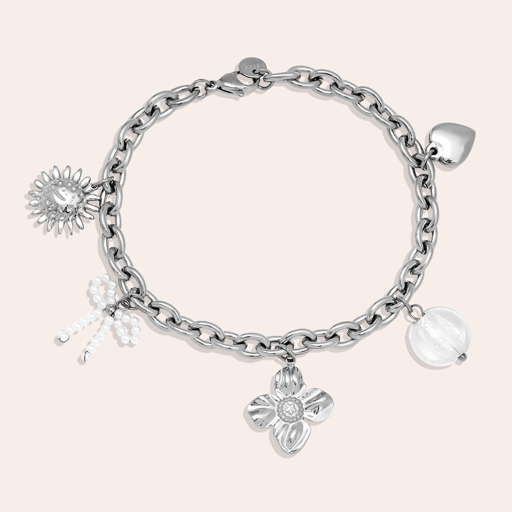 17cm Blume, Schleife und Perle Anhänger Edelstahl Armband