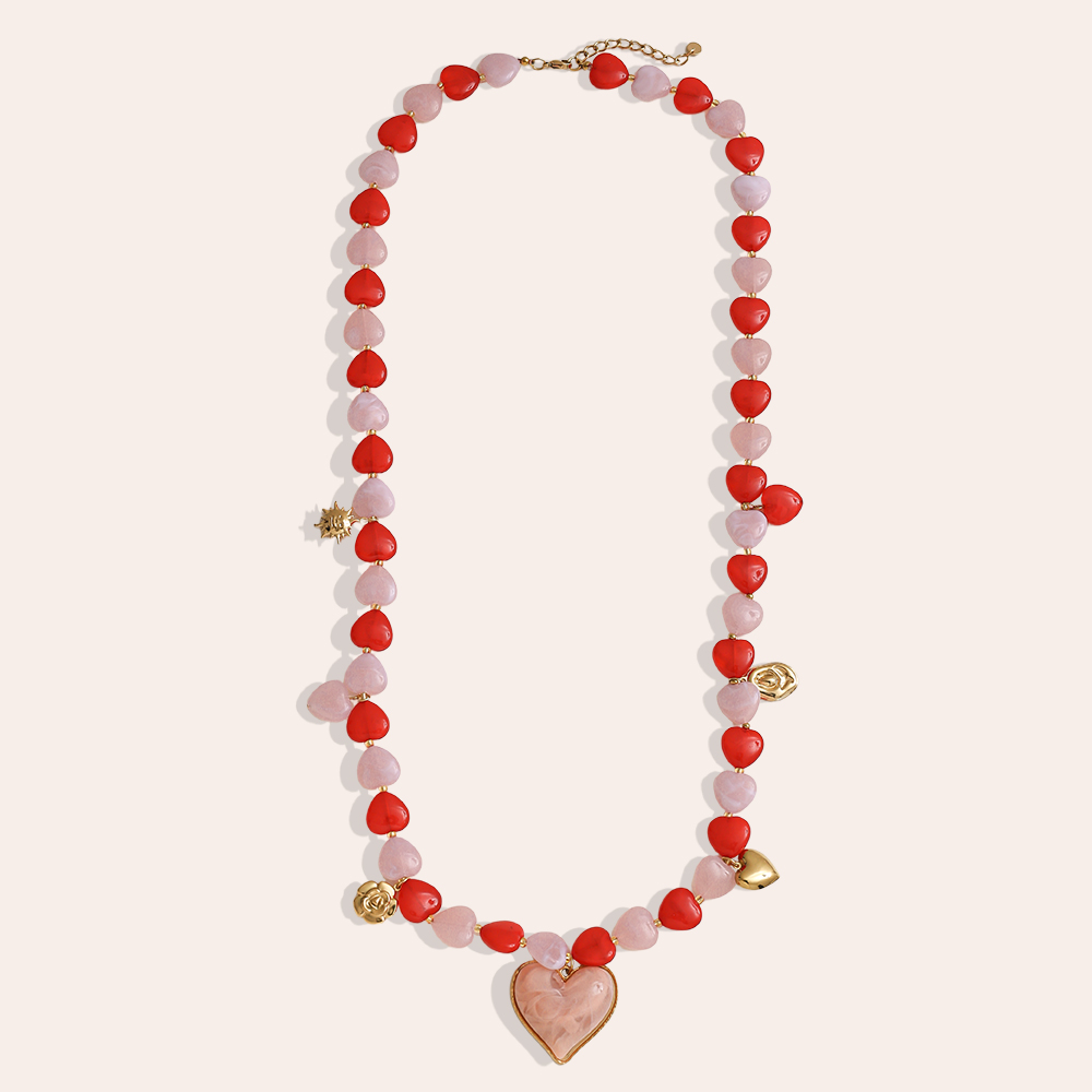 87cm kleinen Harzherzen und Anhängern Edelstahl Halskette     