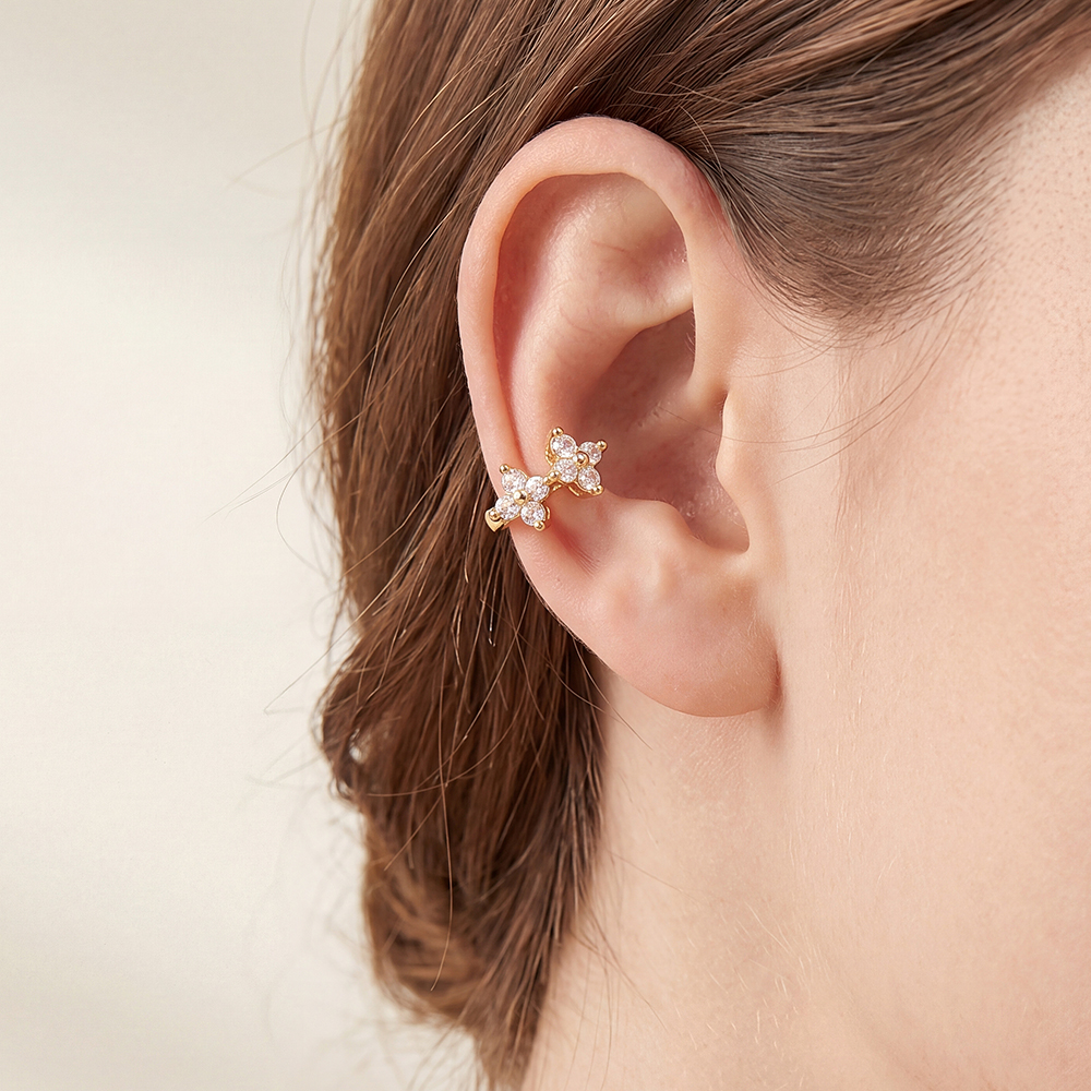 Vergoldete Ear-cuffs 15mm Zirkonia Doppelt Kleeblatt 