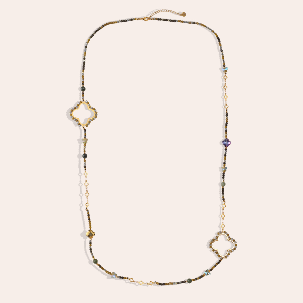 96cm Kleeblatt und Kristallen Edelstahl Halskette    