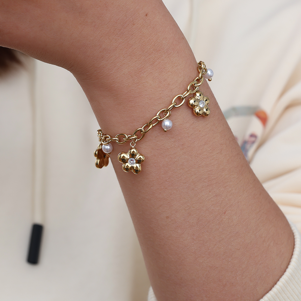 16cm Pearl Flower Diamond Edelstahl Armband