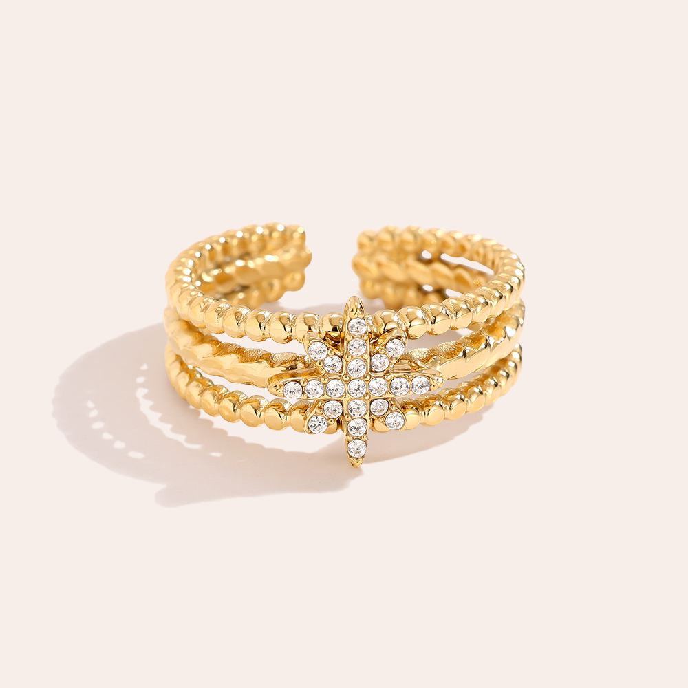Diamond Star In Three Line Edelstahl Ring      