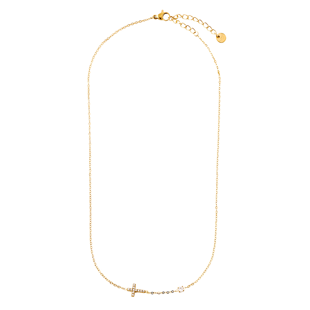 40cm Cross And Diamond Dot Edelstahl Halskette   