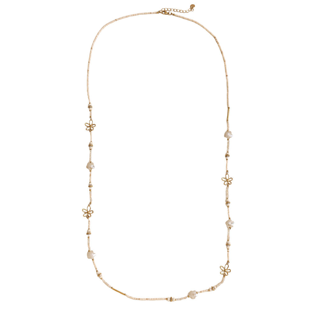 94cm kleine Harzperlenkette mit goldenen Blumen Edelstahl Halskette         