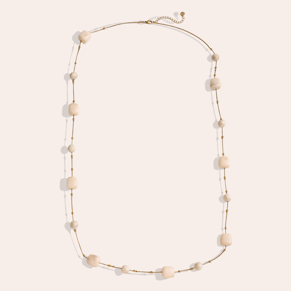 90cm Harzwürfel und Perlchen Edelstahl Halskette    