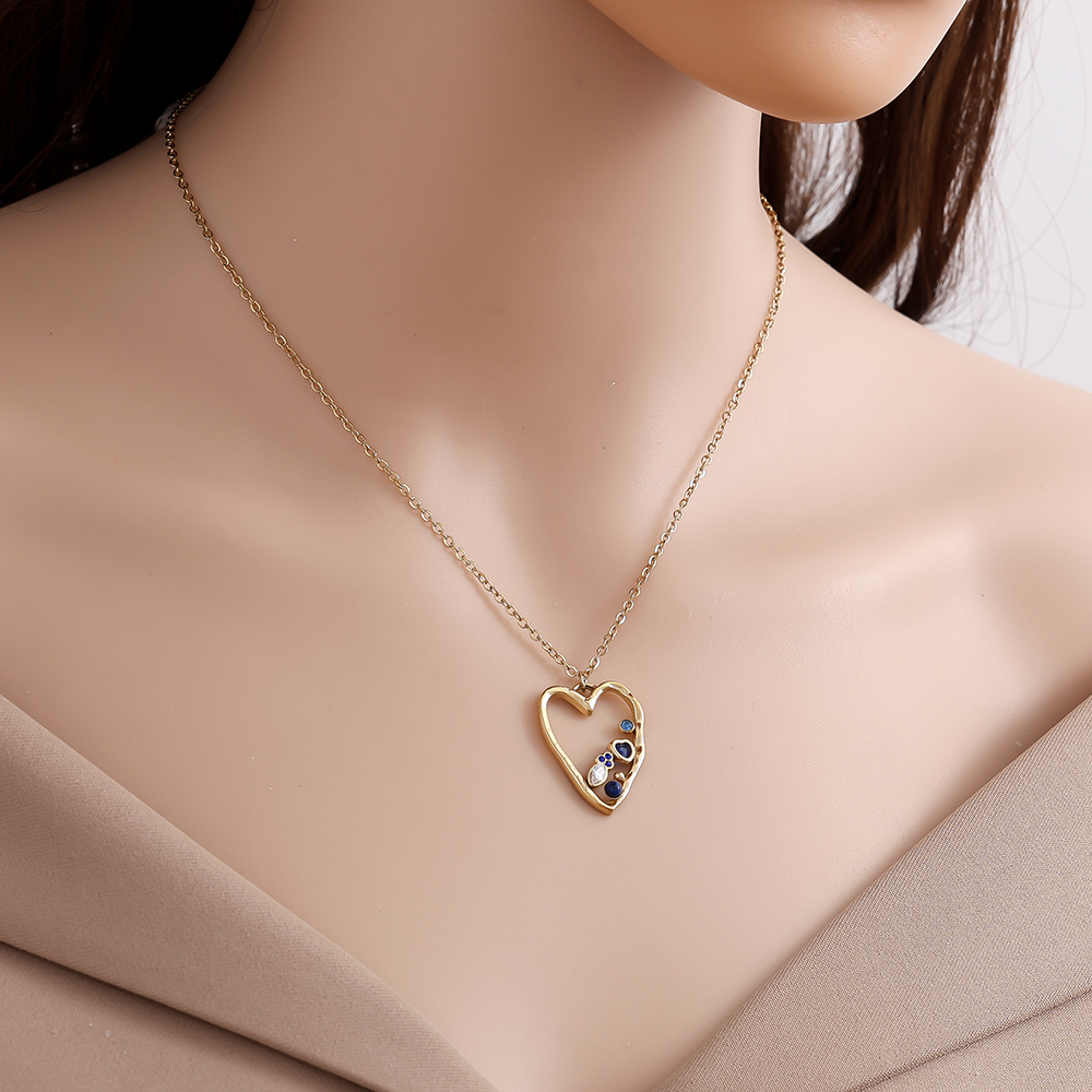 42cm Herz mit blauem Glas Edelstahl Halskette    