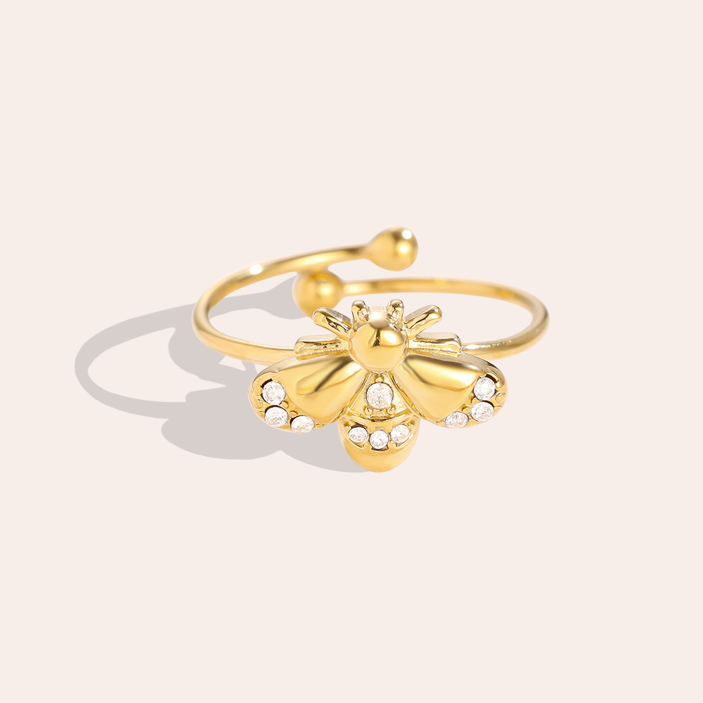 Verstellbarer Strassstein Bienen Edelstahl Ring