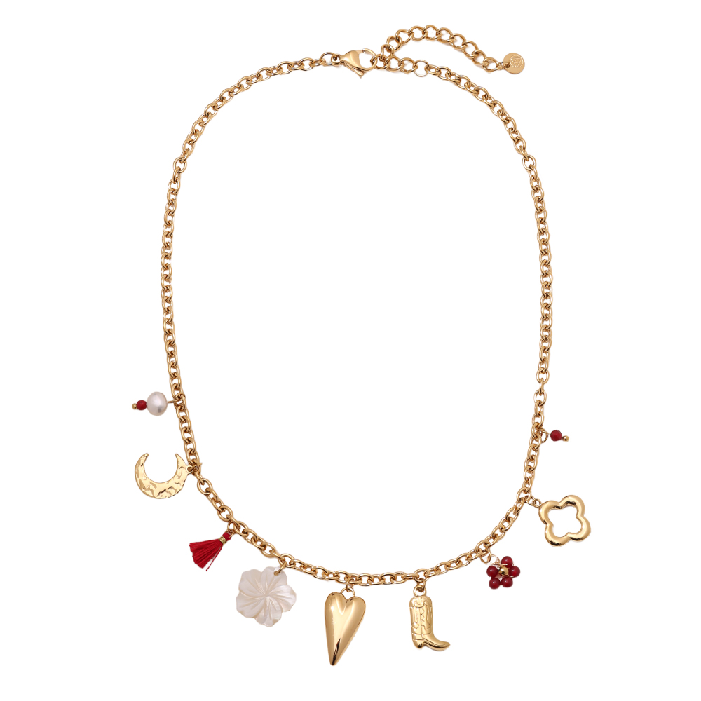 41cm Herz Stiefel Blume und Mond Edelstahl Halskette