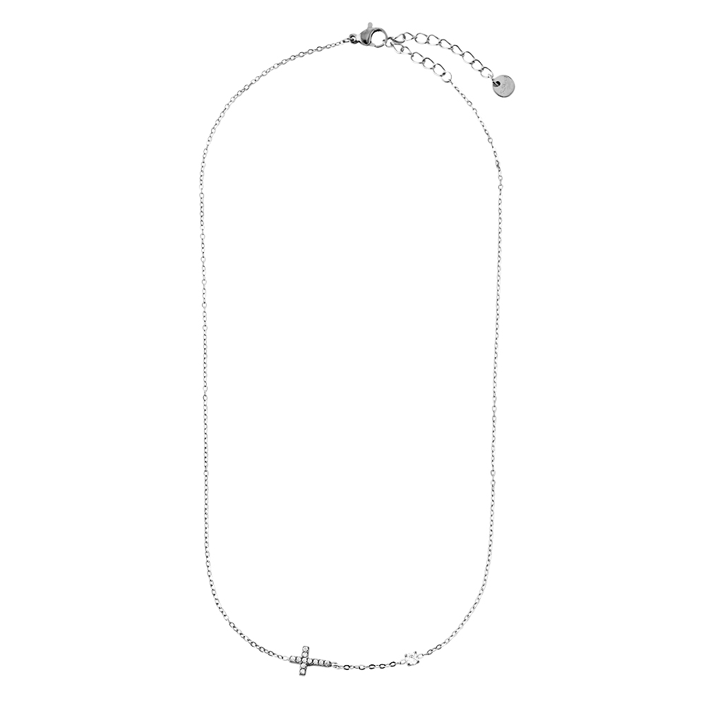 40cm Cross And Diamond Dot Edelstahl Halskette   