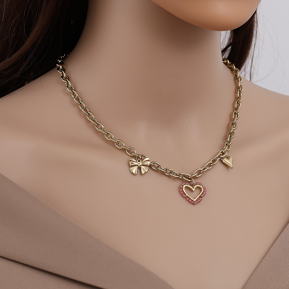 42cm Pink Heart And Charms Edelstahl Halskette      