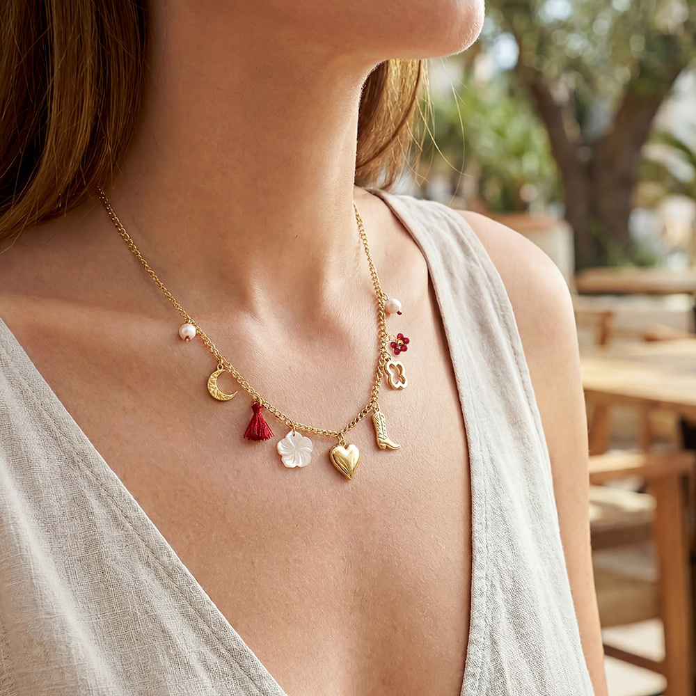 41cm Herz Stiefel Blume und Mond Edelstahl Halskette