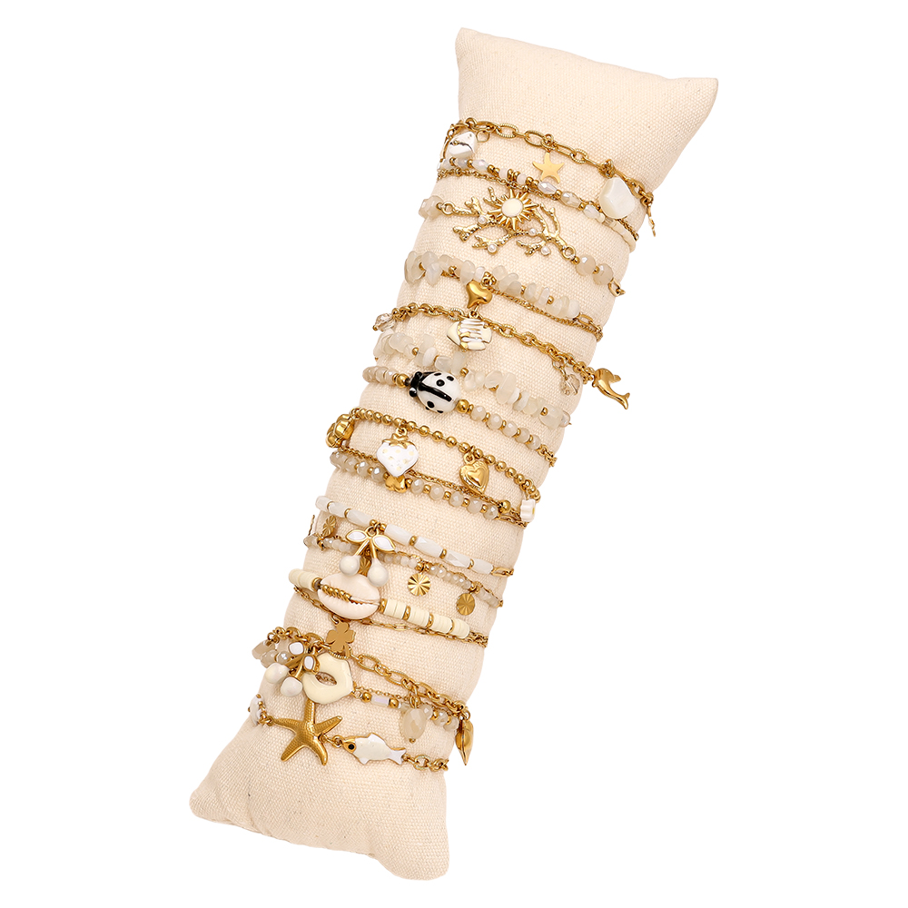 15er 17cm Weißes Kristal Beads Sealife Edelstahl Armband Set