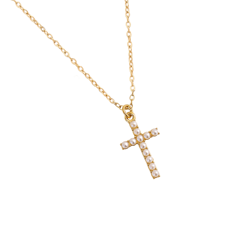 40cm Perlenkreuz Edelstahl Halskette    