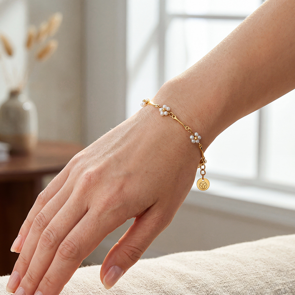 15cm Perlen Blumen Edelstahl Armband 