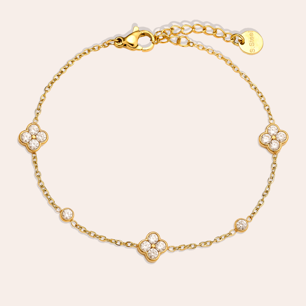 17cm Feines Zirkonia Kleeblatt Edelstahl Armband 