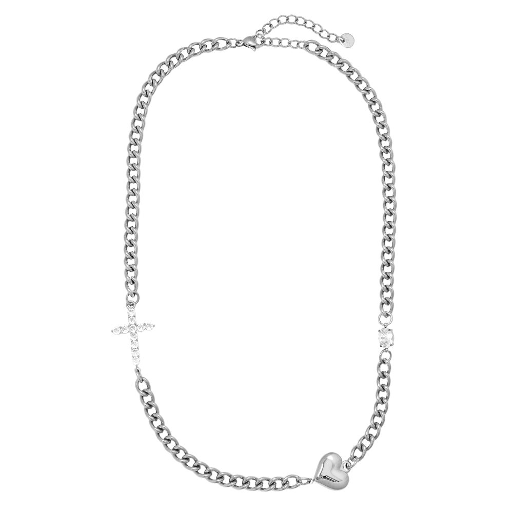 45cm Heart And Diamond Cross Edelstahl Halskette        