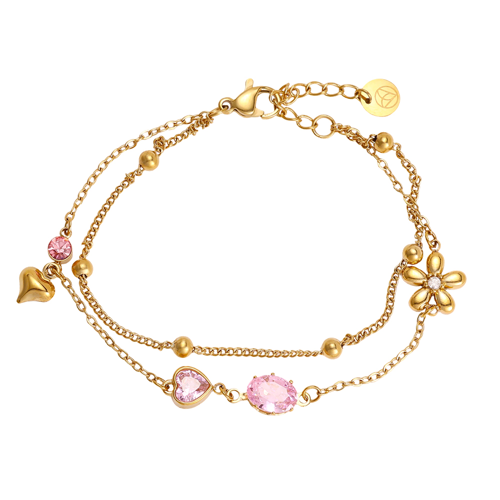 Edelstahl Armband 17cm rosa Zirkonia und goldene Blume