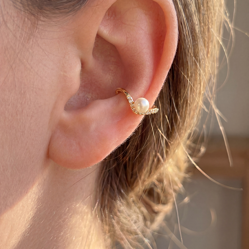 Vergoldete Ear-cuffs 15mm Zirkonia  Kleine Perle