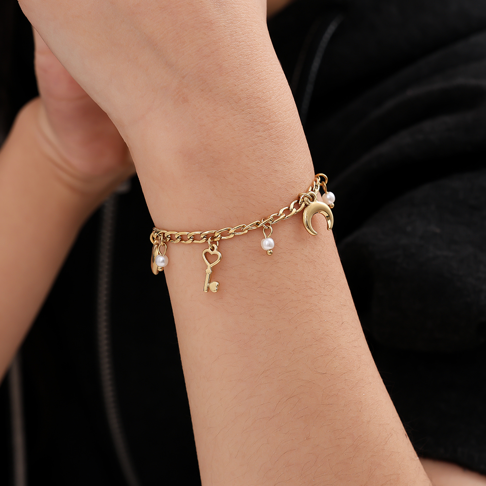 17cm Herz Mond Schlüssel und Perle Edelstahl Armband  
