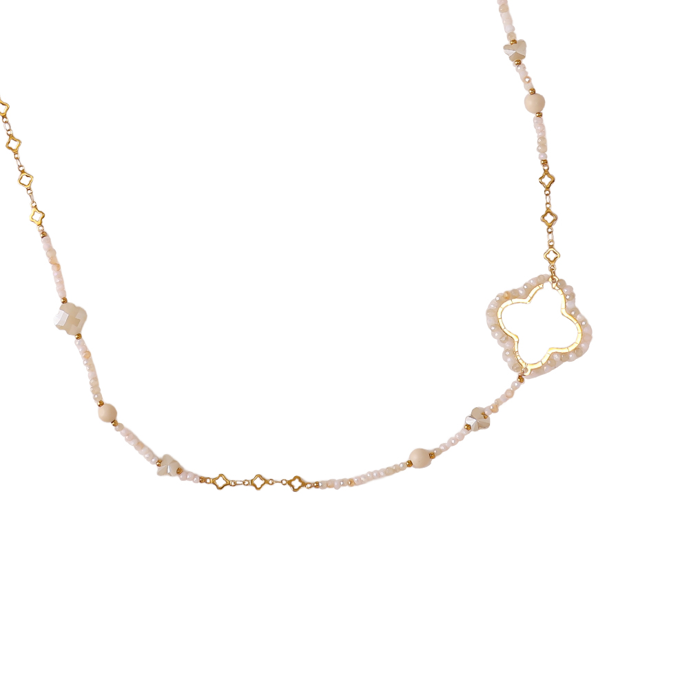 96cm Kleeblatt und Kristallen Edelstahl Halskette    