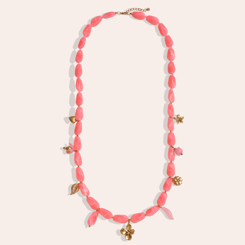 90cm längliche Acrylstücke und goldene Blumenanhänger Edelstahl Halskette      