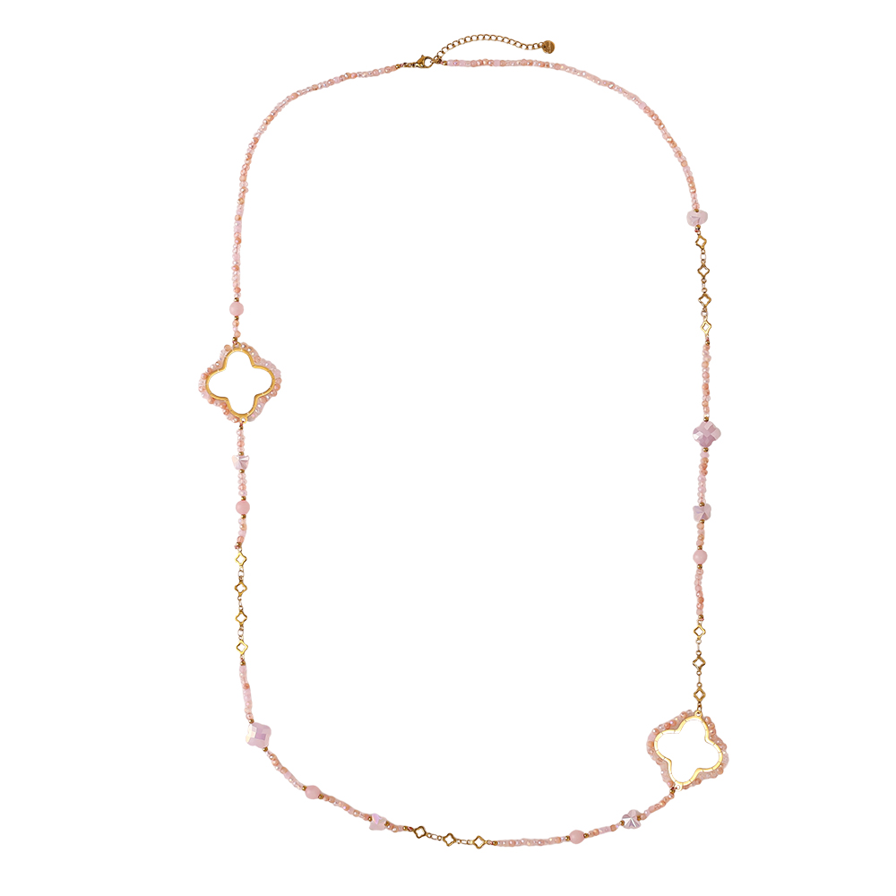 96cm Kleeblatt und Kristallen Edelstahl Halskette    