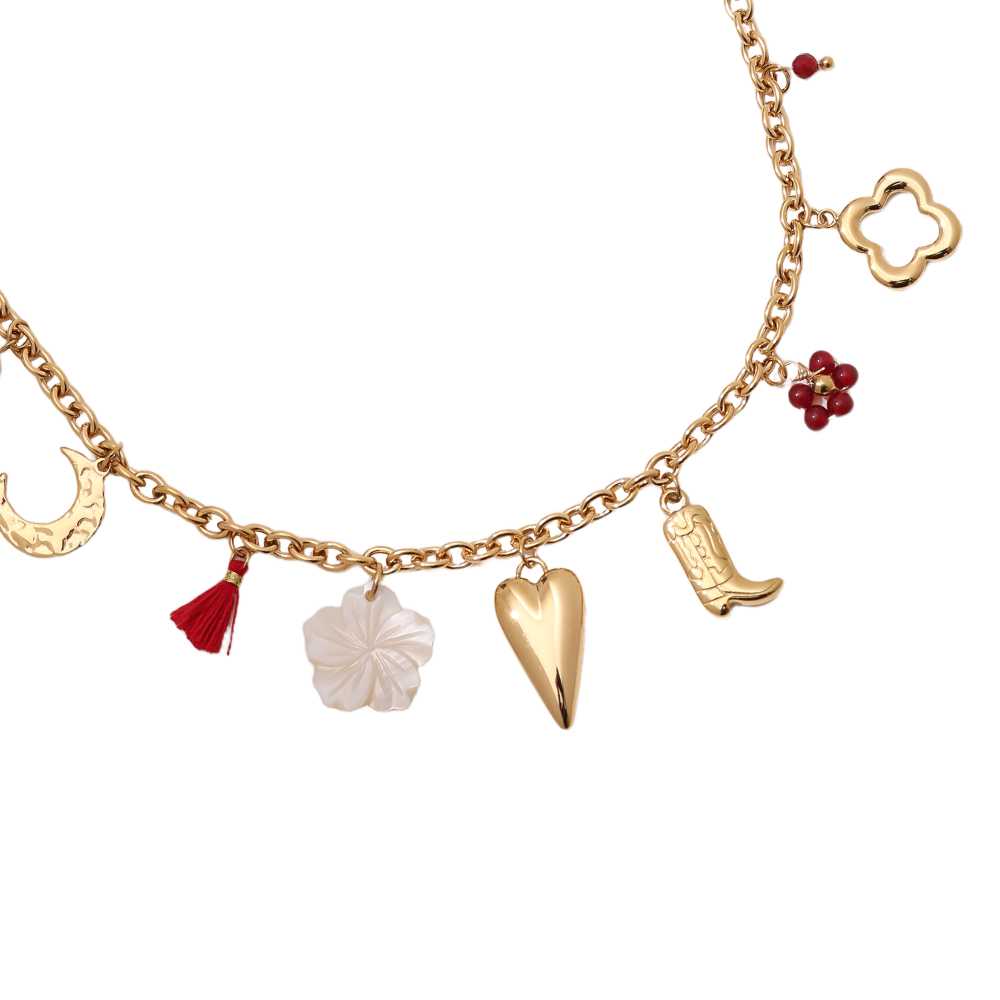 41cm Herz Stiefel Blume und Mond Edelstahl Halskette