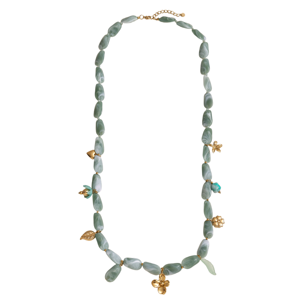 90cm längliche Acrylstücke und goldene Blumenanhänger Edelstahl Halskette      