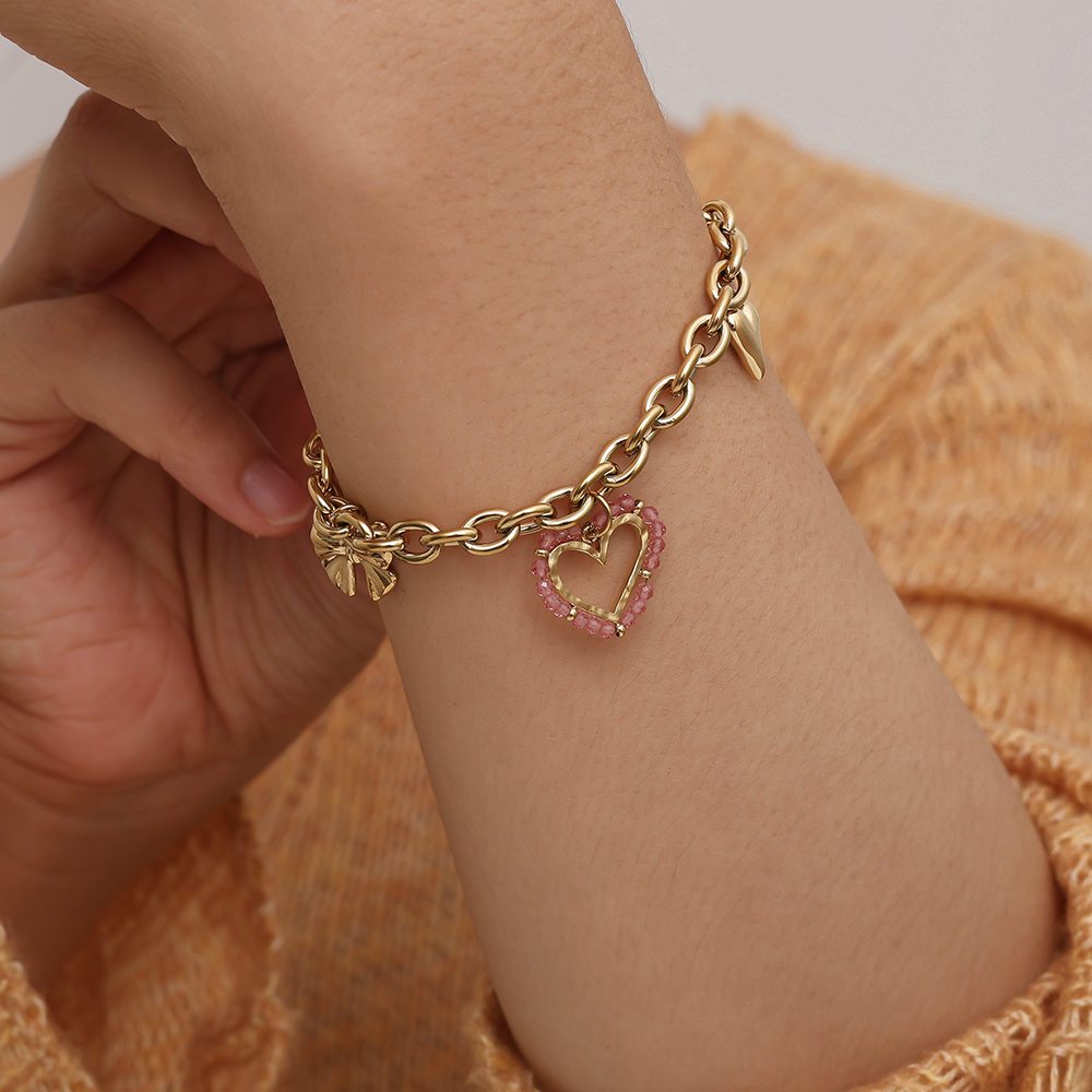 17cm Pink Heart And Charms Edelstahl Armkette       