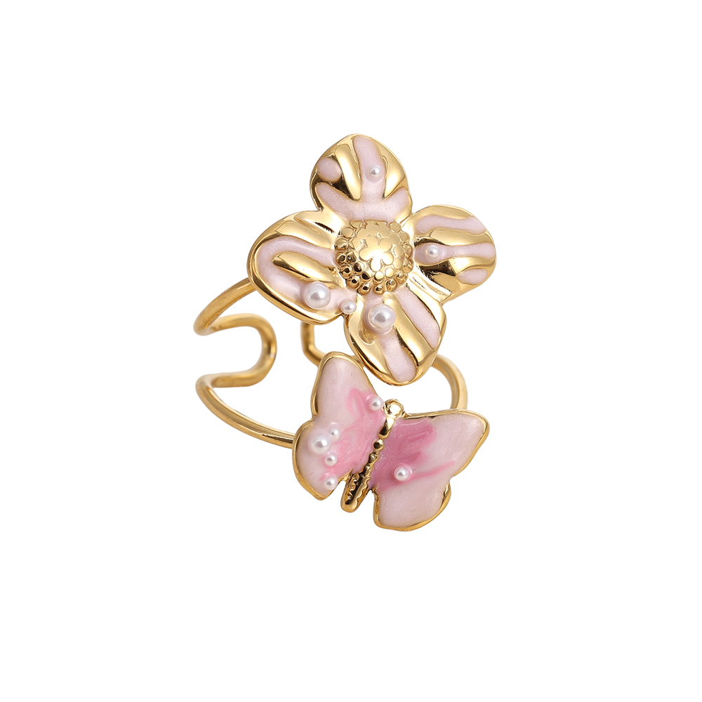 hellrosa Schmetterling mit Blumen Edelstahl Ring        
