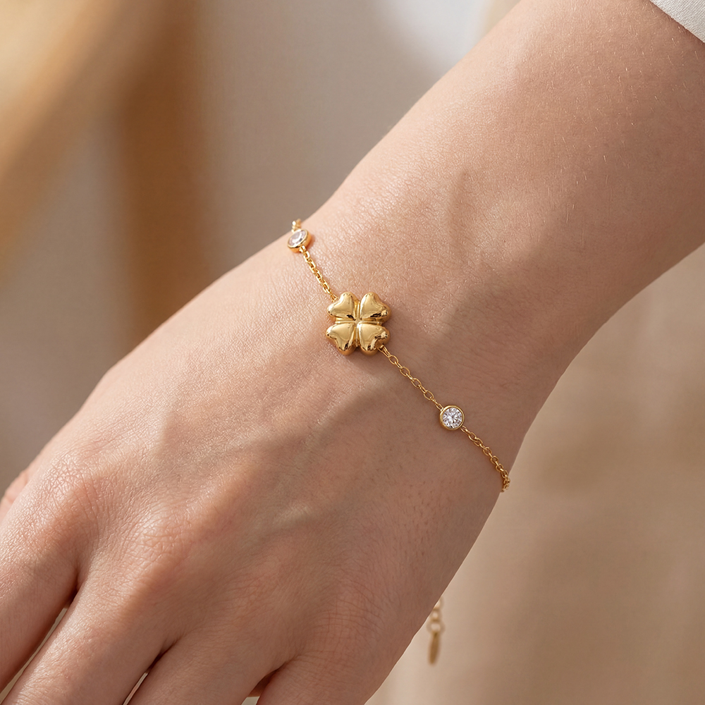 Edelstahl Armband 16.5cm Kleeblatt mit Zirkonia Punkte
