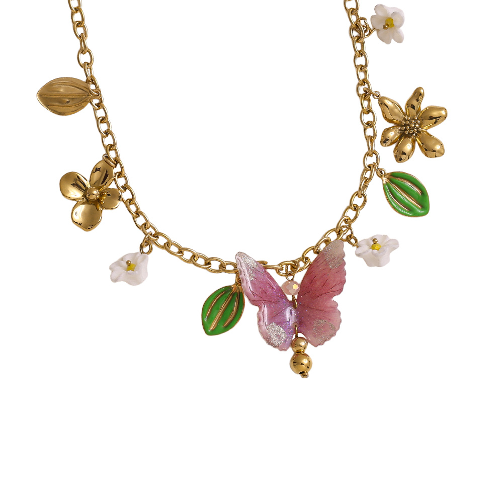 42cm Acryl Schmetterling Herz Blüten Edelstahl Halskette 