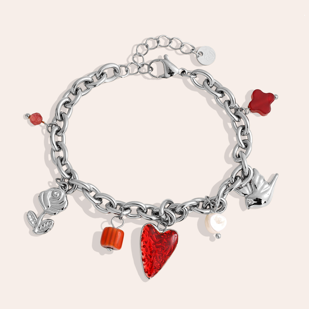 17cm rotes Herz Blume Perle und fliegende Taube Edelstahl Armband      