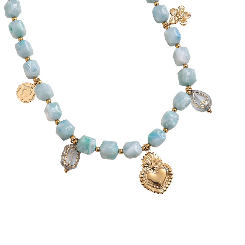 45cm Kettchen mit kleinen Acrylwürfeln und goldenen Blume, Herz Edelstahl Halskette  