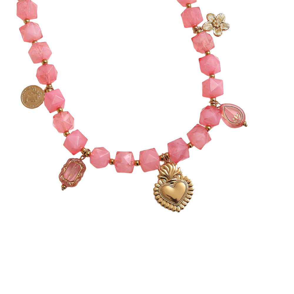 45cm Kettchen mit kleinen Acrylwürfeln und goldenen Blume, Herz Edelstahl Halskette  