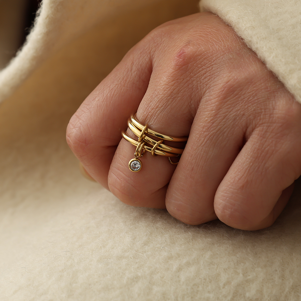  Three Simple Layer And Diamond Dot Ring Set Edelstahl Ring