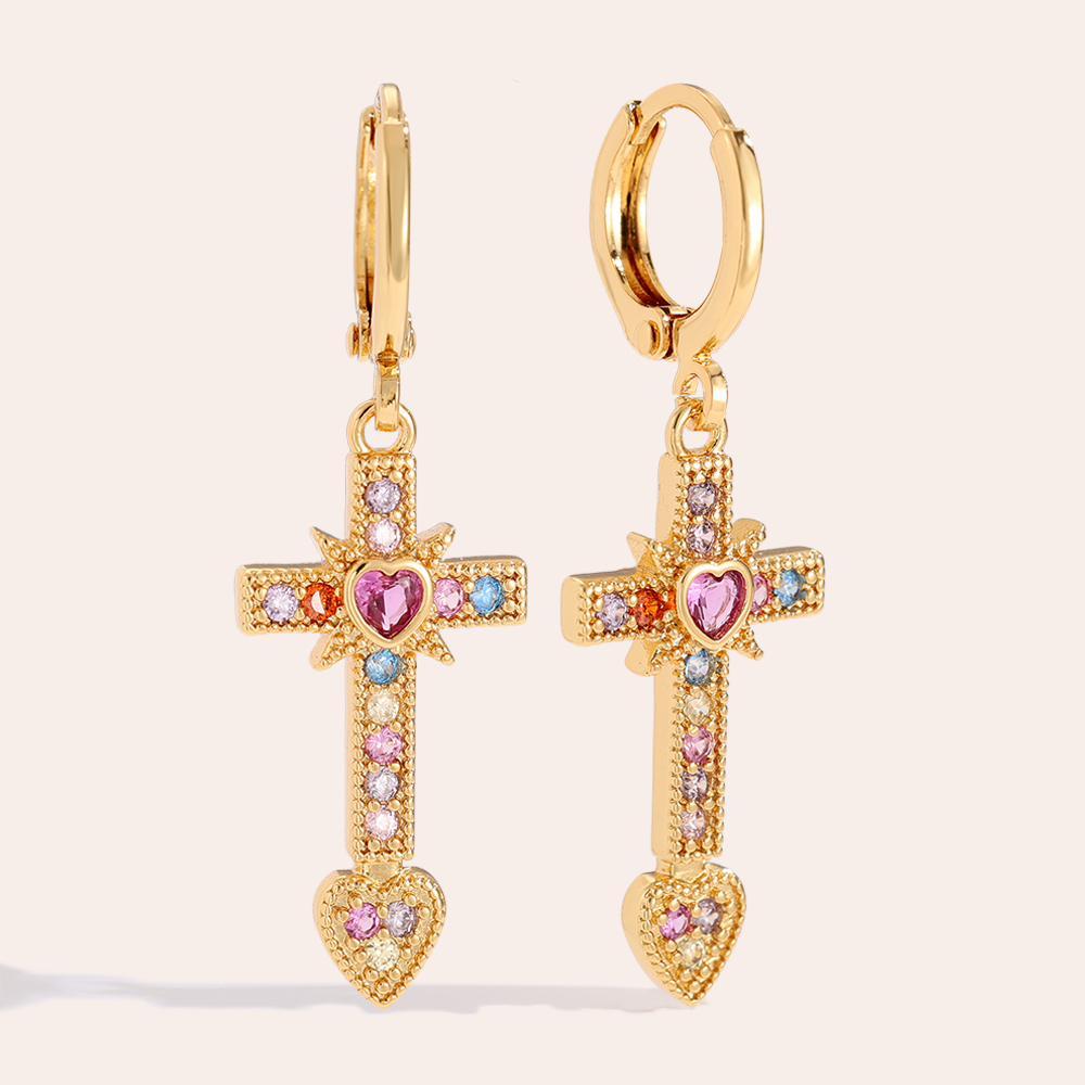 3.9cm Diamond Cross And Heart Vergoldete Ohrringe      