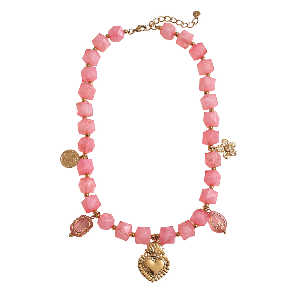 45cm Kettchen mit kleinen Acrylwürfeln und goldenen Blume, Herz Edelstahl Halskette  