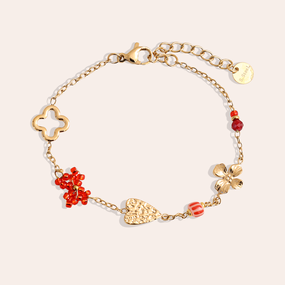 16cm Herz, Kleeblatt und Blumen Perlen Edelstahl Armband