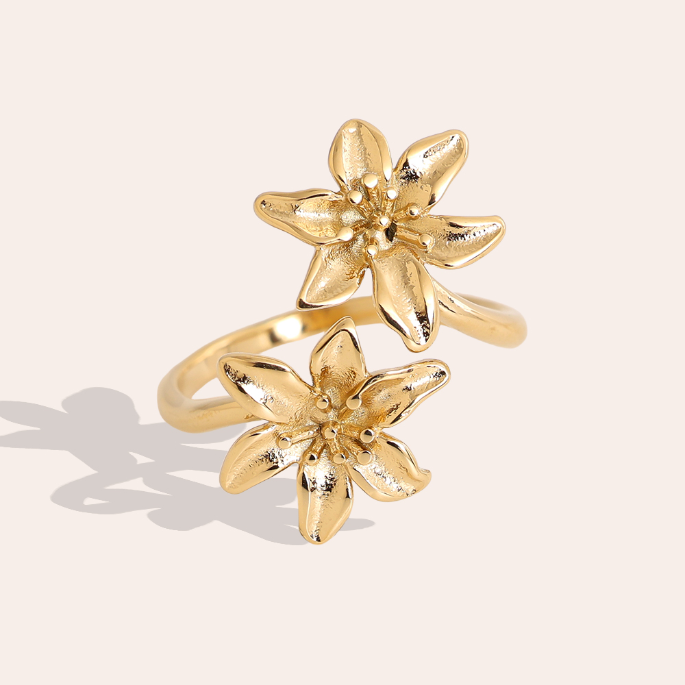 Verstellbarer offener zwei Blumen Edelstahl Ring