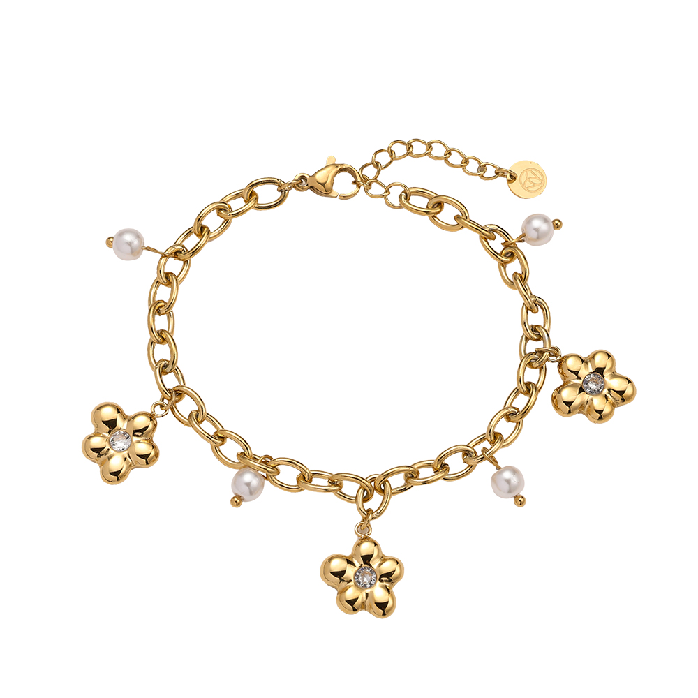 16cm Pearl Flower Diamond Edelstahl Armband