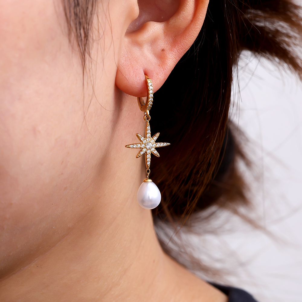 44mm Sparkling Diamond Moon And Star With Pearl Edelstahl Ohrringe             
