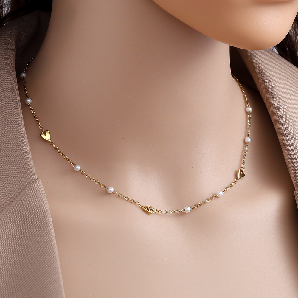40cm Mini Heart And Pearl Edelstahl Halskette      