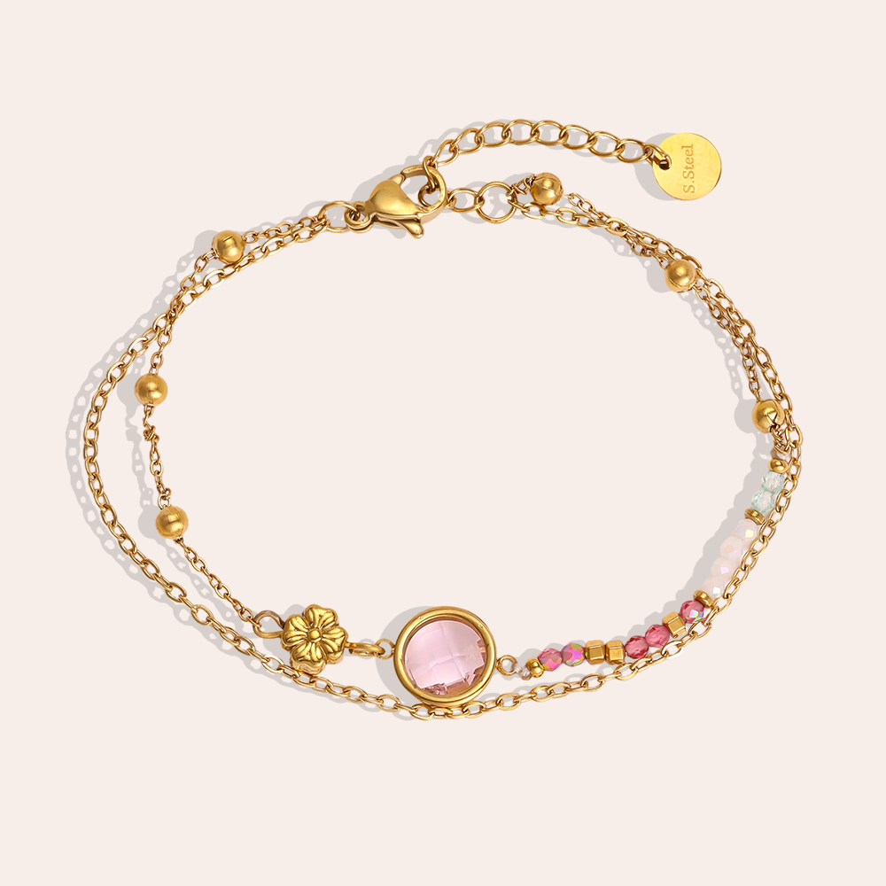 Edelstahl Armband 17cm rosa runder Zirkonia und goldene kleine Blume