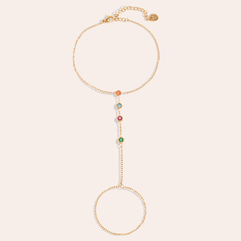 17.5cm Vier farbige Zirkonia Handkette Edelstahl Armband   